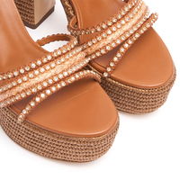 Sandales pour femmes à talon plateforme enveloppé de corde de chanvre avec lanières de cheville personnalisées à la mode élégante de style rétro décoration en diamant à bout ouvert