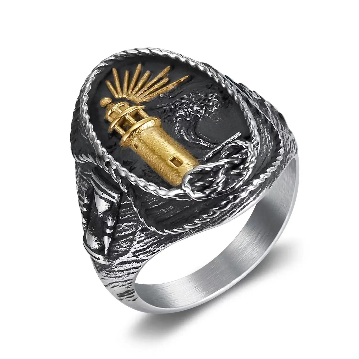 Nueva joyería Vintage Ocean Series anillo de Faro de acero inoxidable para hombres anillo de acero de titanio Punk