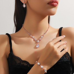 תכשיטי כלה שלוש חתיכות כלה יום השנה, סט אבני חן מסנוור zircon sazoon שרשרת דמעה מלאך דמעה עגילי זהב - Product Image 3