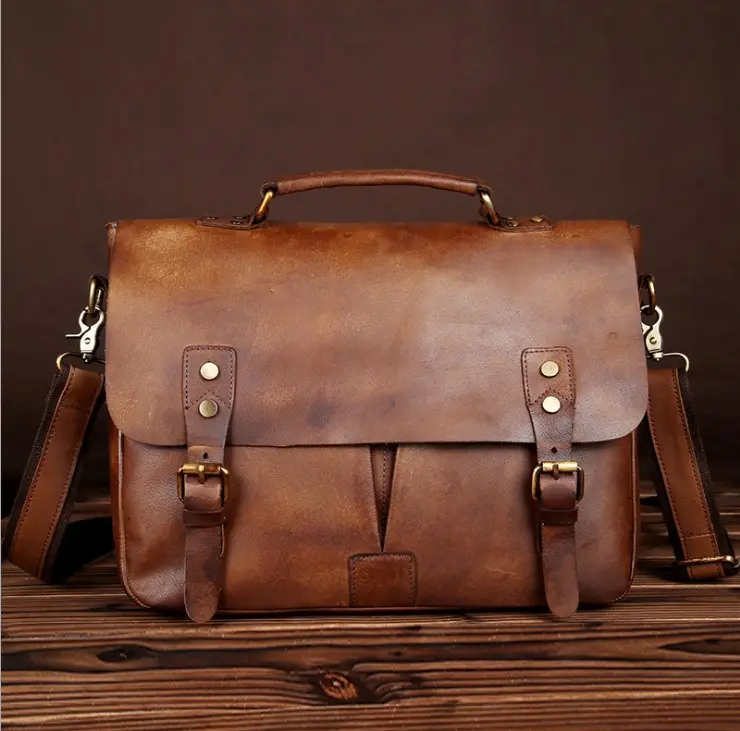 RU çin üretici 12 inç bilgisayar postacı çantası el yapımı erkekler kahverengi evrak çantası deri iş çantası doktor deri Tote çanta