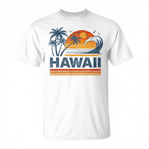 Camiseta de playa retro vintage de Hawái con diseño de palmera al atardecer, talla unisex para adultos - Product Image 2