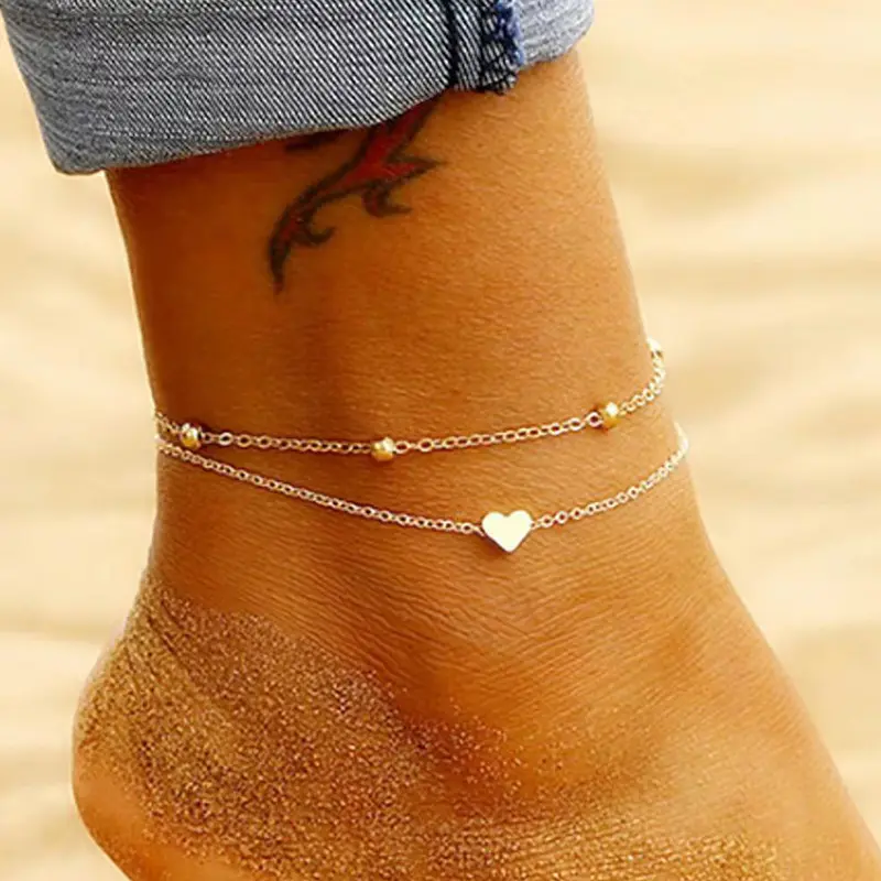 Minimalist Style Handmade Lobster Claw Dainty love anklet double layer Adjustable Duo Fine Beaded Chain Anklet for women's