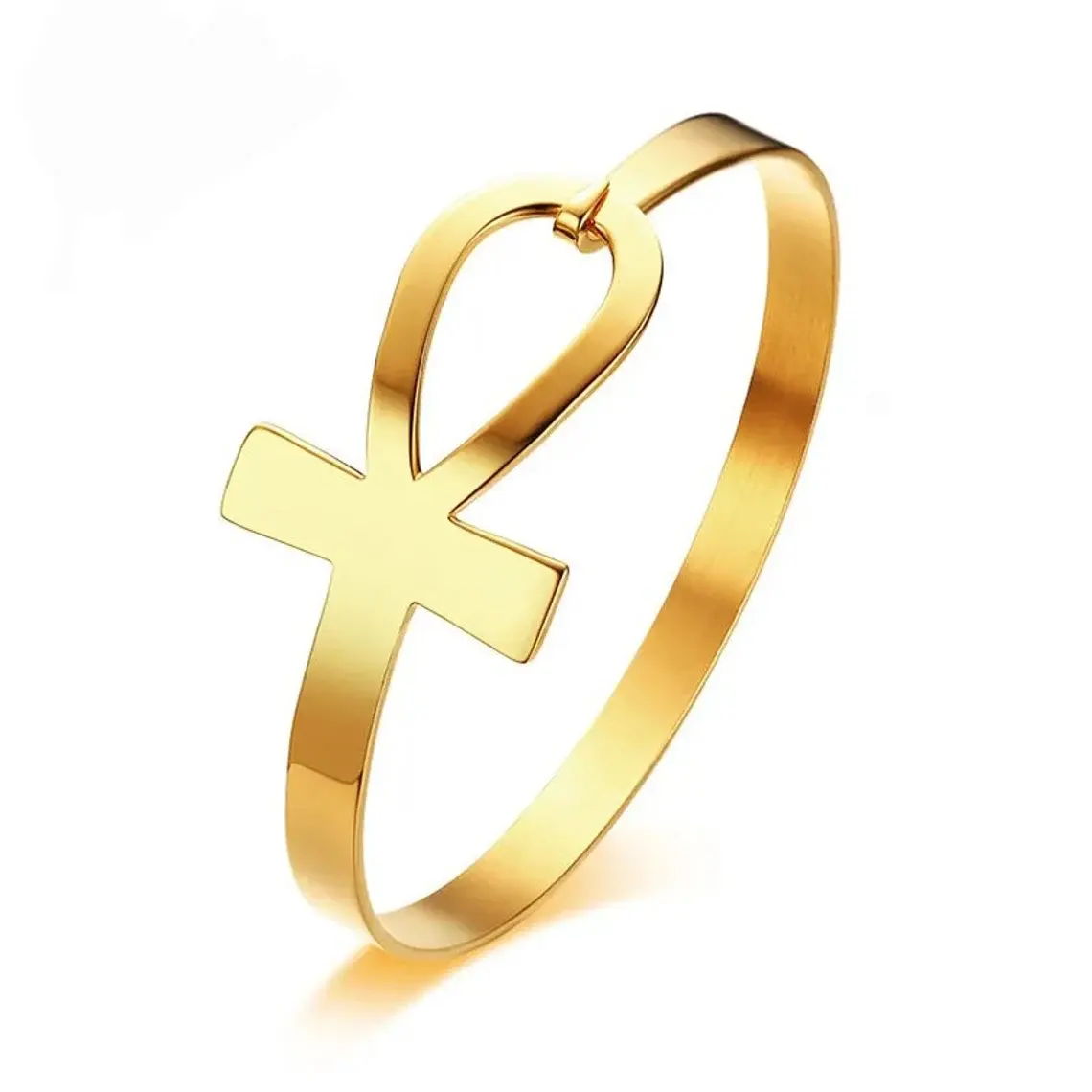 316l Stainless Steel 18k Pvd Gold Plated Open Personalized Egyptian Ankh Bracelet Key Of Life Bangle Birthday Gift Women Men