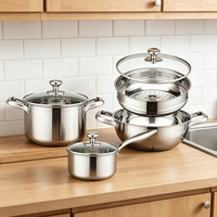 Ensemble de 7 casseroles en acier inoxydable inductives avec cuiseur vapeur et couvercles en verre trempé
