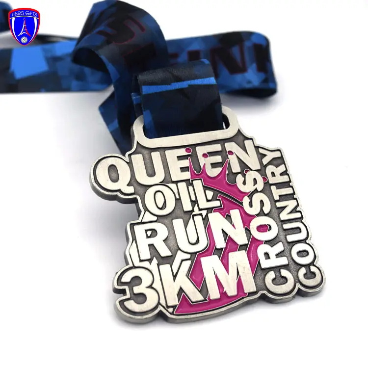 Oem Medaillon Antiek Zilver Enamel Medaille Koningin Olie Run 3Km Award Medaille Finisher Kruis Medaille Met Custom Heat Transfer afdrukken