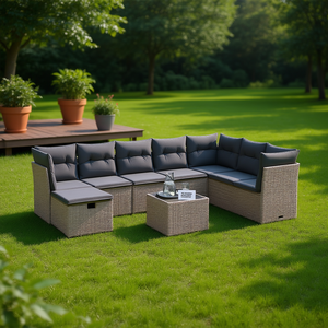 Ensemble de canapés de jardin modulaires modernes, 9 pièces, gris, en polyrotin, meubles d'extérieur résistants aux intempéries - Product Image 2