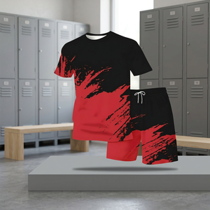 Men's Black Red Hand-Painted <b>T</b>-<b>Shirt</b> And Shorts Set Crew Neck Knitted Sporty Summer Quick Dry Outfit - Product Image 2