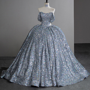 Silver Sequin Court Train Ball Gown Off the Shoulder Princess Evening Dresses Sfy23 - Product Image 3