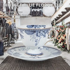 Blue-and-White Flower Vintage French Eco-Friendly Ceramic <b>Tea</b> Cups Porcelain <b>Bone</b> <b>China</b> Cup Saucer <b>Set</b> European Wedding Coffee - Product Image 2