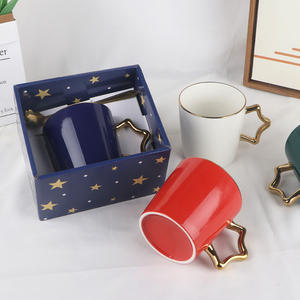 Taza de Cerámica Minimalista con Asa en Forma de Estrella, Blanca con Asa Roja y Dorada, Color Sólido, para Oficina, Hogar, Café, Agua, Juego Individual HB-017 - Product Image 4