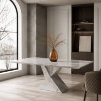 Table à manger longue moderne en marbre artificiel de luxe léger, grande dalle, avec base sculpturale pour projets de villas, hôtels et restaurants