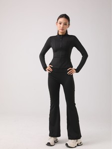 Ensemble de sport respirant et extensible pour femme, col montant zippé, haut à manches longues, <span class=keywords><strong>micro</strong></span>-pantalon de <span class=keywords><strong>yoga</strong></span>, respectueux de la peau - Product Image 2