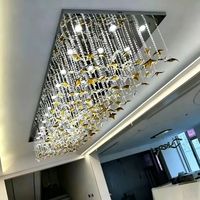 Lustre rectangulaire en verre étoile à quatre branches avec base en acier inoxydable, suspension LED à trois couleurs et intensité variable pour hall d'hôtel et décoration artistique
