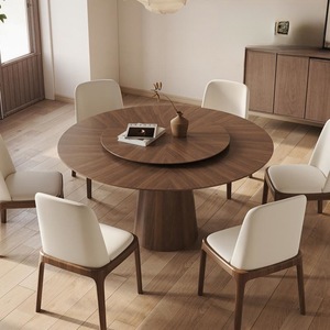 Round Solid Wood Dining <b>Table</b> With Rotatable Top <b>Walnut</b> Color For Dining Room - Product Image 1