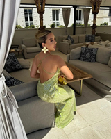 Robe longue unie verte sexy dos nu pour femme, élégante, à fines bretelles, col carré, coupe trapèze, respirante, pour soirée