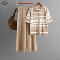Lumos Sommer Zweiteiliges Strick-Set für Damen - Gestreifter Polo-Kragen Kurzarm-Cardigan + Weit Geschnittene Hose