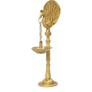 PARIJAT HANDICRAFT Five Wicks Brass <b>Table</b> Diya Home Decors Peacock Carrying Hanging Ornament - Product Image 2