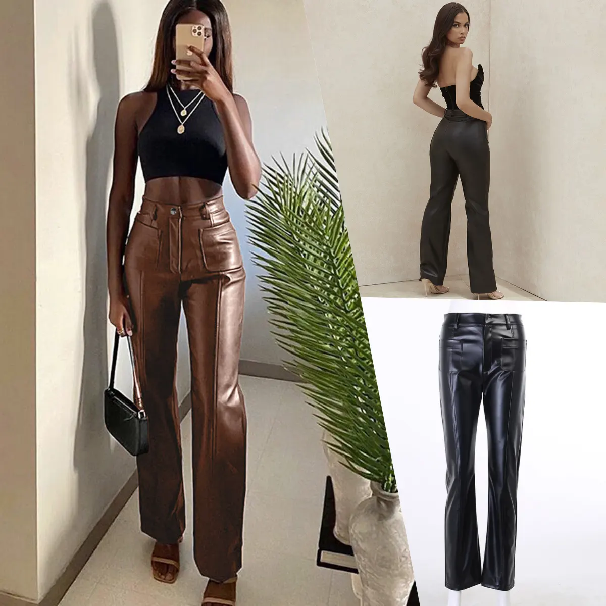 2023 moda tasarımcısı stil kadın Pu uzun pantolon çift cepler seksi düz ince pantolon pantolon düz zarif elbise bayan için