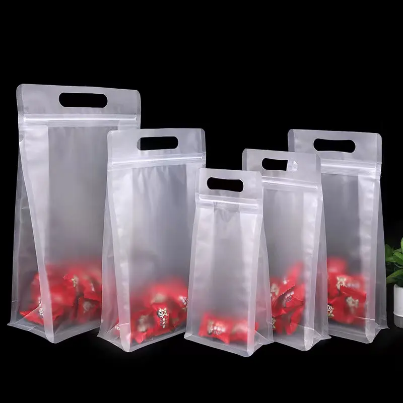 Bolsa de transporte transparente con mango Ziplock, bolsa de embalaje de plástico para alimentos, parte inferior plana, suministro de fábrica
