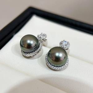 Venta al por mayor de fábrica: Pendientes de perlas tahitianas de alta calidad, 9-10 mm, verde intenso con tono, perlas de agua de mar, joyería de plata para mujer - Product Image 3