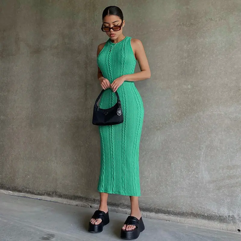 2022 R07292 - fashion casual knit solid o neck sleeveless dresses women