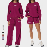 Ensemble pantalon et short en coton surdimensionné pour femme, col rond, épaules tombantes, couleur unie, respirant, tricoté, pour l'automne