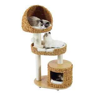 Minimalist Two <b>Level</b> Cat Tree With Woven Basket Perch And Scratching <b>Posts</b> For Indoor Cats - Product Image 4