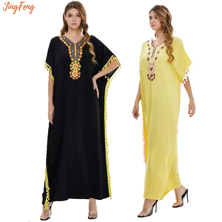 Muslim women's national dress embroidered dress large size loose big swing Robe soft rayon