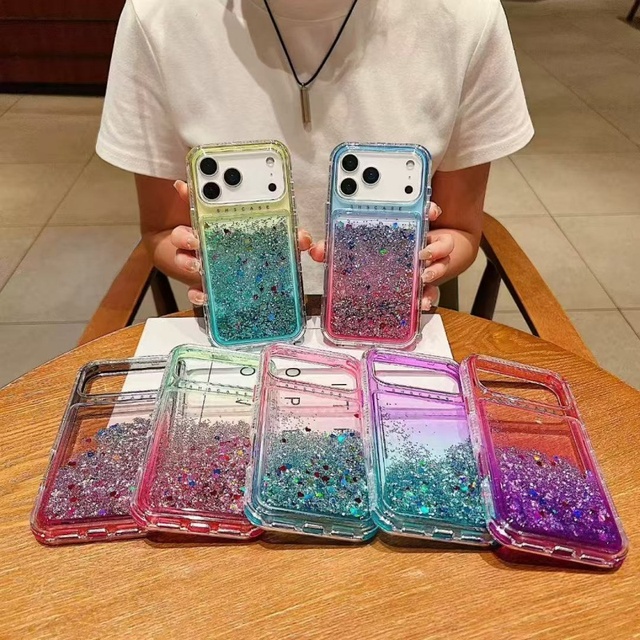 Shockproof 3 in 1Gradient Glitter Liquid Quicksand Phone Case for Iphone 17 16 Pro Max Bling Glitter Clear Floating Phone Case