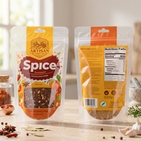 Sachet alimentaire en plastique transparent imprimé sur mesure 250g pour épices, pochette réutilisable à fond plat pour assaisonnements pimentés, ail et autres épices