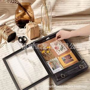 Wooden Flip Top Transparent <b>Display</b> Box With Drawer <b>Wall</b> <b>Mounted</b> Souvenir Storage <b>Cabinet</b> Rectangle Solid Color Covered - Product Image 5