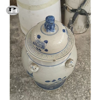 Vase de table en céramique bleu et blanc, fait main, peint à la main, design Art Déco antique, avec des oiseaux et des fleurs