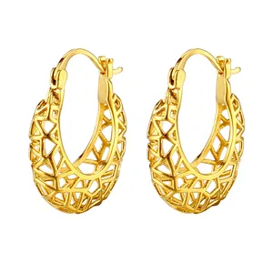 Retro hollow carved Titanium Earrings 18k Gold Plated Sterling Silver Filigree Oval Hoop Earrings for women 2023