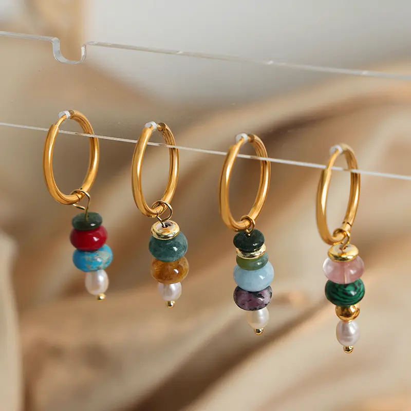 18K Banhado A Ouro Jóias De Aço Inoxidável Colorido Natural Cura Gemstone Stone Bead Pearl Hoop Brincos Para As Mulheres
