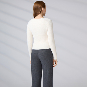 Suéter de punto afelpado con cuello cuadrado para mujer, mezcla de lana, manga larga acanalada, ajuste ceñido, top de punto para otoño/invierno al por mayor - Product Image 6