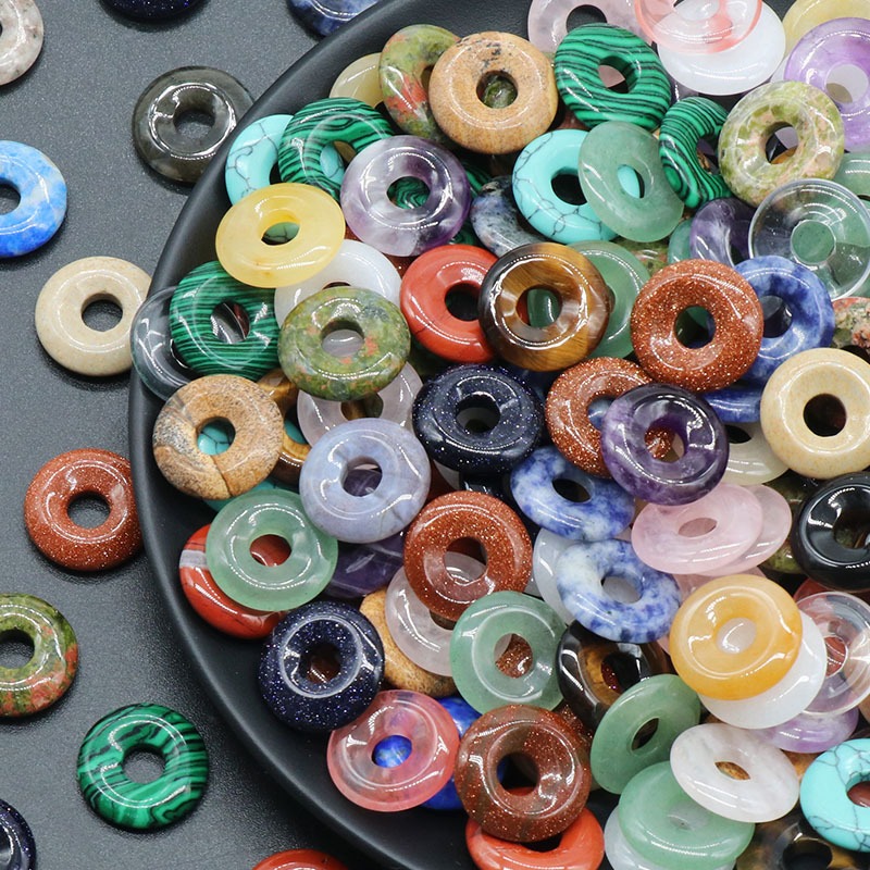 18mm Donuts Stone Beads Rondelle Stone with 6mm Large Hole Loose Gemstone Beads for Jewelry Making Good Luck Coin Wealth Pendant