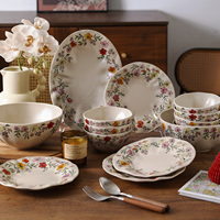 Ensemble de bols et d'assiettes en céramique à motifs floraux vintage, vaisselle élégante pour la salle à manger à la maison, collection de vaisselle compatible avec le micro-ondes