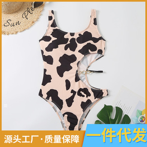 Bikini sexy de estilo europeo y americano 2022, traje de baño de una pieza con estampado de vaca y aberturas para mujer. - Product Image 5