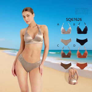 Traje de baño de una pieza HDJ Plus Size con control de abdomen, cintura alta y cuello halter para mujer, tallas 40, 42, 44, 46, color sólido, elástico. - Product Image 4