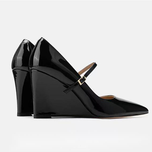 Sandalias de tacón alto con punta en pico y correa central con hebillas para mujer, zapatos de vestir de verano con tacón cubierto y charol, estilo sexy - Product Image 4