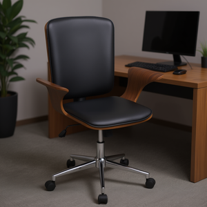 Chaise de bureau ergonomique en similicuir noir avec base chromée et accoudoirs fixes pour usage professionnel - Product Image 2