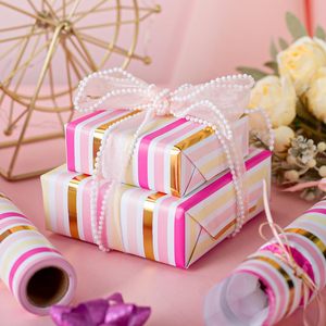 Valentines Day wedding gold foil gift <b>wrapping</b> <b>paper</b> Pinkish gold horizontal stripes Double sided printing Customizable - Product Image 1