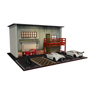 1:64 Scale Diecast Parking Spaces Lot Scene With LED lighting Wooden Version American Style Vintage Parking Garage Model
