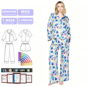New Design Custom Bamboo Sleepwear <b>Womens</b> Long Sleeves <b>Button</b> <b>Up</b> Top & Wide Leg Pants Floral Print Pajama Set - Product Image 1