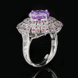 Collier et bague tendance pour fête et mariage, en cuivre écologique plaqué argent/or, avec zircon violet taille rose 14-10MM, motif floral exquis - Product Image 6
