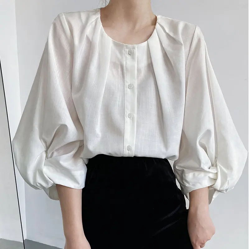 Blusa informal de lino y algodón para mujer, blusa elegante de color liso con cuello redondo