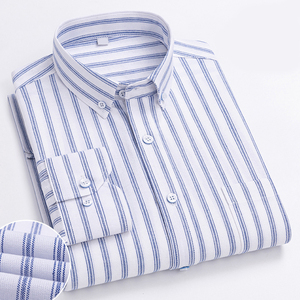 OEM/ODM Camisa dogana <span class=keywords><strong>blu</strong></span> <span class=keywords><strong>a</strong></span> <span class=keywords><strong>righe</strong></span> bianche da <span class=keywords><strong>uomo</strong></span> manica lunga lavoro quotidiano indossando classica <span class=keywords><strong>camicia</strong></span> con colletto alto - Product Image 1