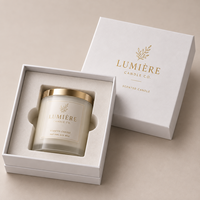 Boîte cadeau de luxe personnalisée avec logo estampé à chaud, insert en mousse blanche mate, petite boîte rigide avec couvercle et base pour bougie