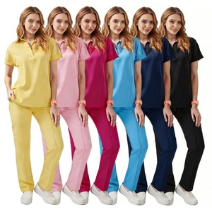 Women's Medical <b>Scrub</b> <b>Set</b> Split Top And Bottom Rose Pink Light Blue Navy Black Yellow Woven Fabric Hospital Uniforms S XXL - Product Image 1