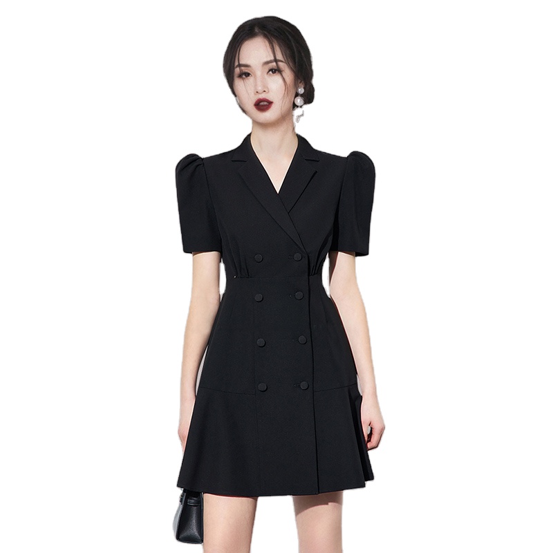 Korean Style Blazer Collar Double Breasted Short Sleeve a-Line Coat Dress